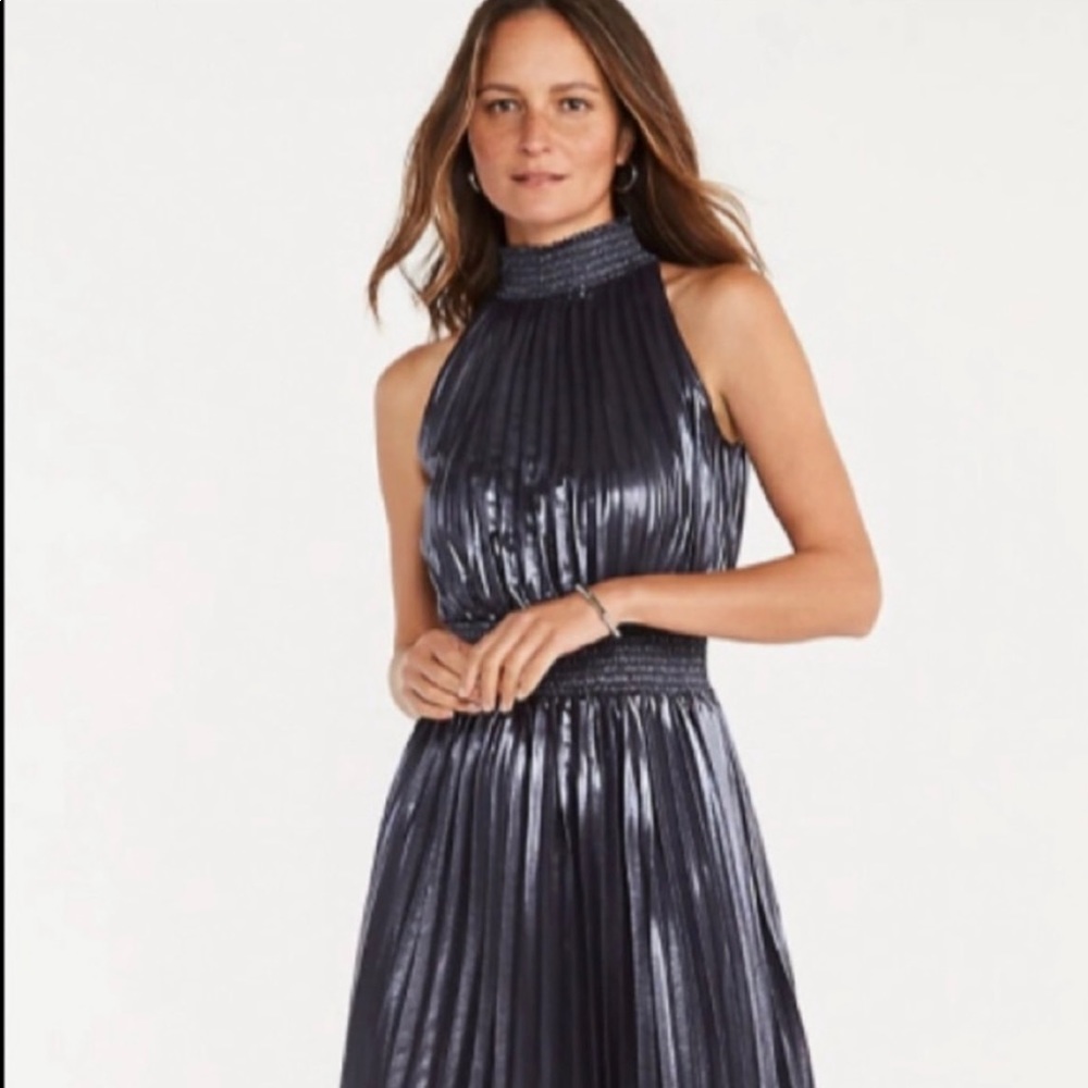 Ann Taylor Shimmer Pleated Smocked Back Slit Dress Small